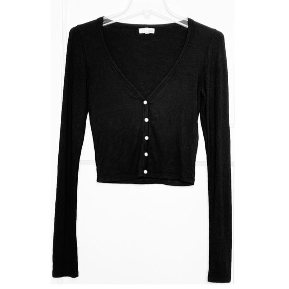 ARITZIA WILFRED 90s Y2K Rib Knit V-Neck Long Sleeve Button Front Cropped Top S - Picture 2 of 6